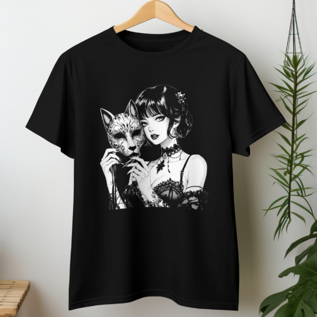 Masquerade Cat Mask T-Shirt featuring Gothic Black & White Anime Girl Streetwear.
