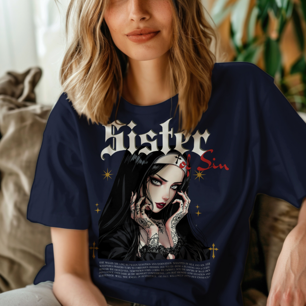 Close-up of Goth Girl Graphic tee showing the nun's alluring blue eyes and Gothic script text.