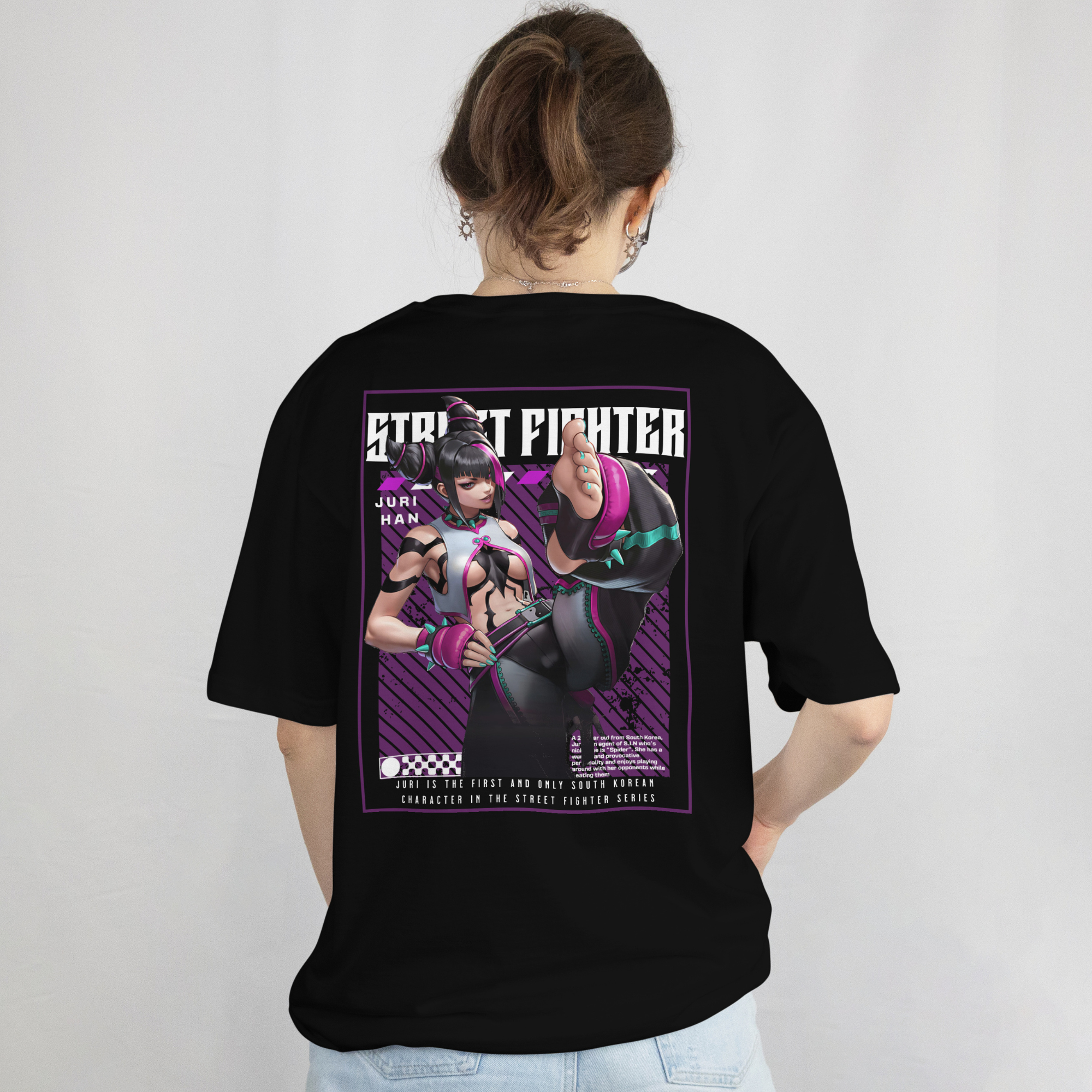 Bold graphic Street Fighter Juri Han shirt for cosplay fans and retro arcade lovers.