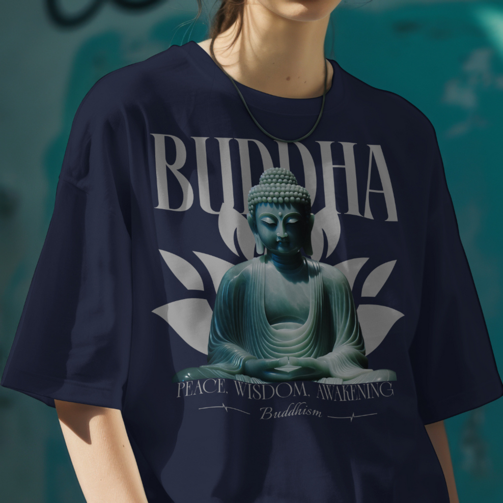 Buddha Graphic Tee with large white text "BUDDHA" and small Buddhism text below.