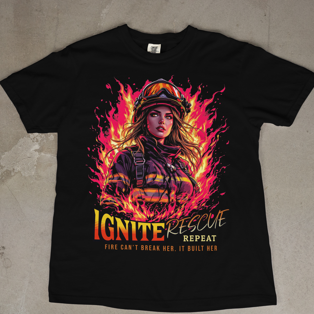 Firefighter graphic tee for women featuring fire flames and rescue theme.