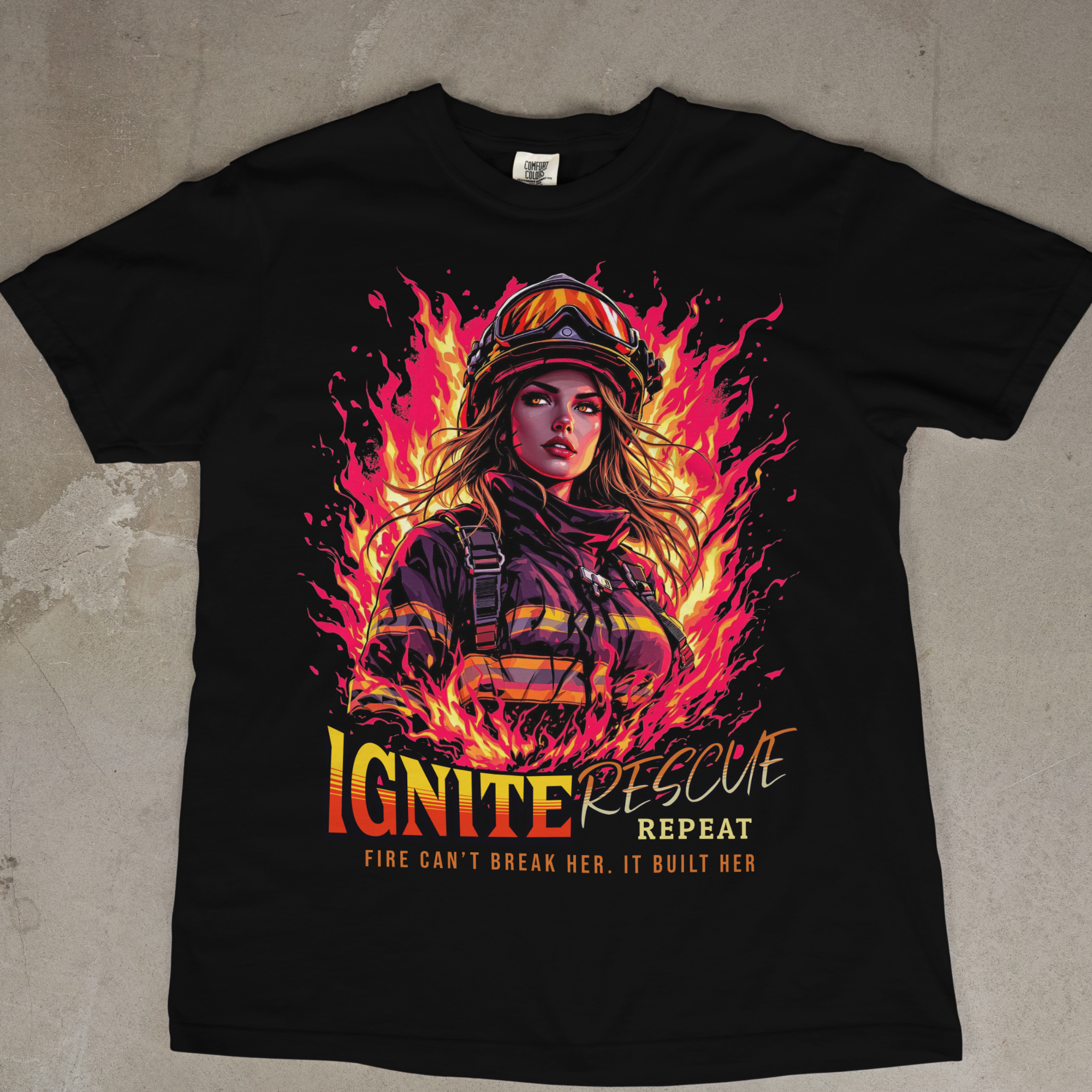 Firefighter graphic tee for women featuring fire flames and rescue theme.