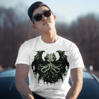 "White Lovecraftian Cthulhu graphic shirt, dripping ink style design for gothic and manga streetwear"