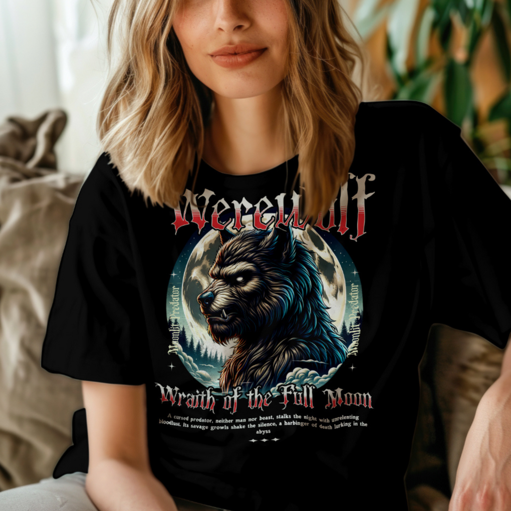 Werewolf T-shirt design with text: "Wrath of the Full Moon" and Bloodlust description.