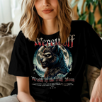 Werewolf T-shirt design with text: "Wrath of the Full Moon" and Bloodlust description.