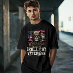 "Military-inspired Skull Cat Veterans shirt with glowing red eyes and American flag design – alternative gothic cat t-shirt for men and women."