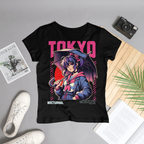 "Tokyo Nocturnal anime girl t-shirt with neon city design and Japanese streetwear style"