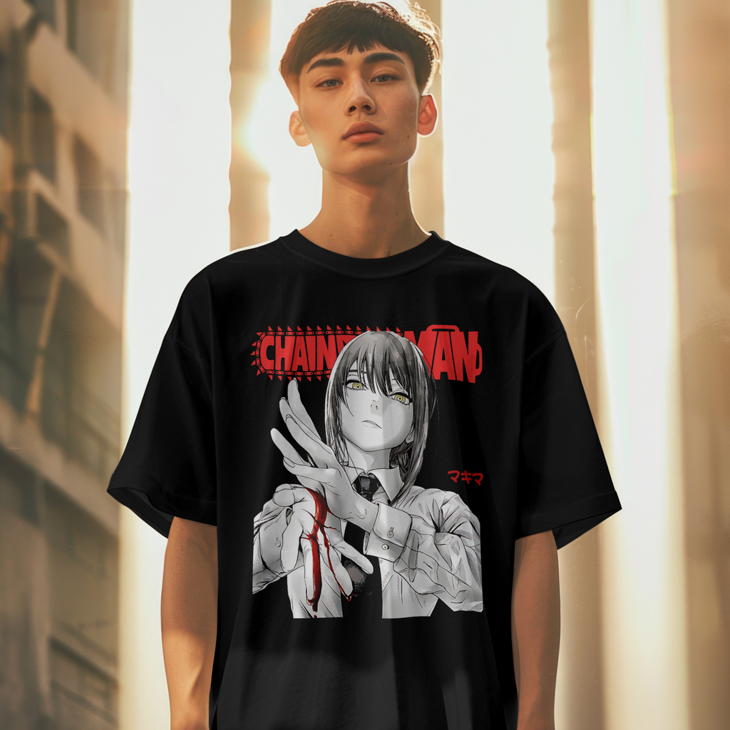 Dark aesthetic Chainsaw Man Makima shirt with striking graphic art for anime enthusiasts.