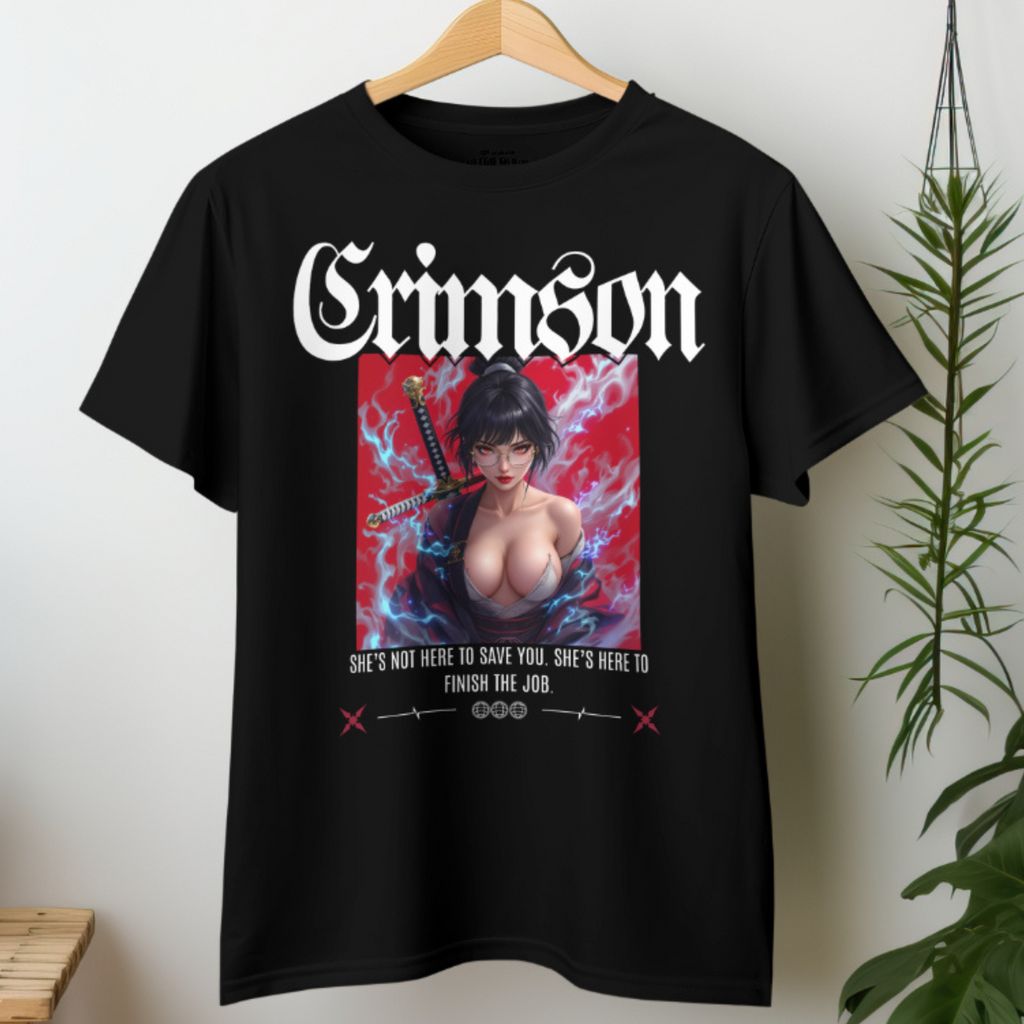 Crimson Samurai Girl T-Shirt with sexy anime warrior design in gothic streetwear style
