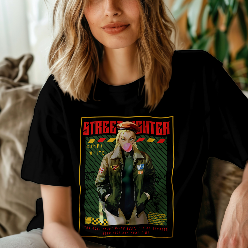 Unisex Street Fighter Cammy White T-Shirt with bold arcade game artwork, great gift for anime and video game fans.