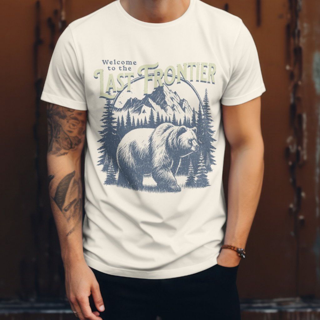 "Wildlife graphic tee showcasing bear and pine trees in classic style"