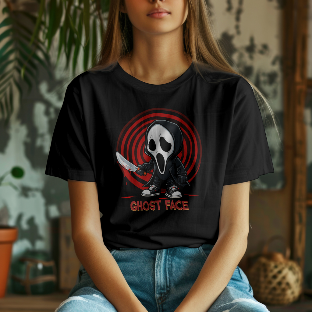 Funny Ghost Face cartoon design t-shirt for horror movie fans, printed on premium Comfort Colors 1717 shirt.