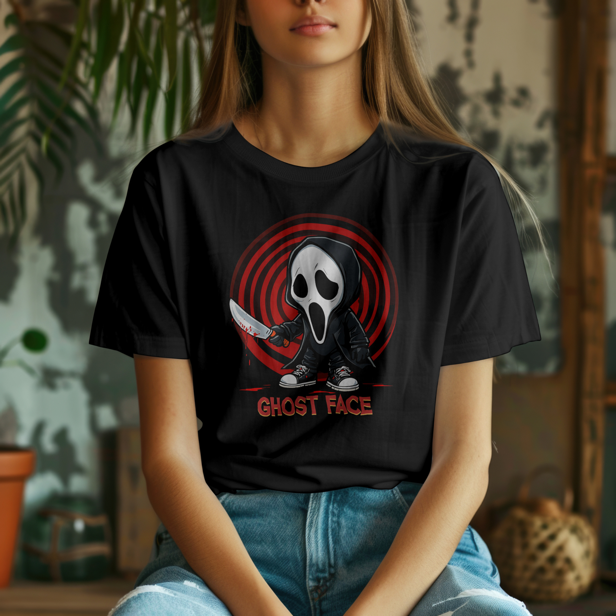 Funny Ghost Face cartoon design t-shirt for horror movie fans, printed on premium Comfort Colors 1717 shirt.