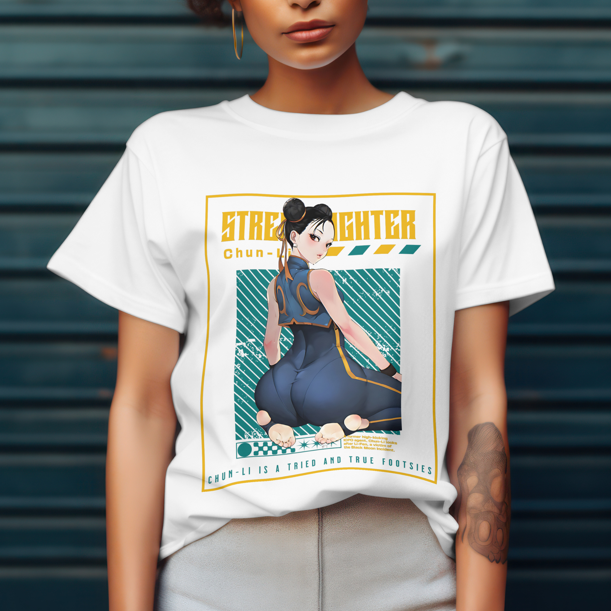 "Street Fighter Chun-Li graphic tee showcasing retro arcade gaming nostalgia"