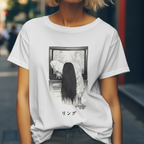 "Sadako The Ring t-shirt with eerie TV crawl scene – spooky J-horror streetwear tee"