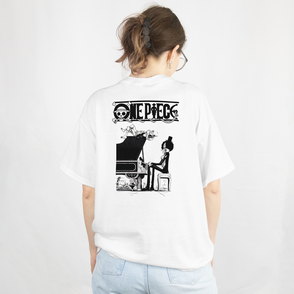 "Brook One Piece t-shirt anime-inspired fashion with piano art print"