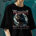 Close view of the Werewolf's head and the night sky on the dark graphic tee.