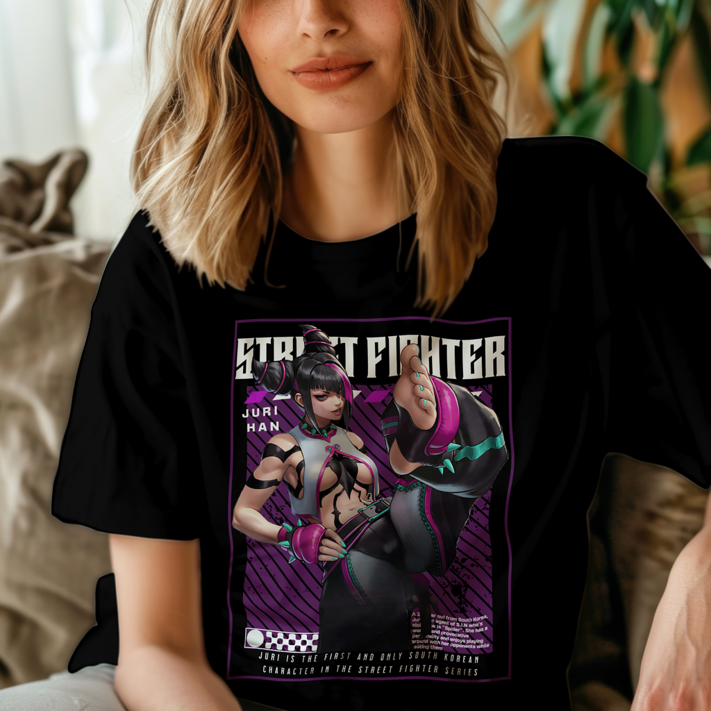 "Unisex anime t-shirt with Juri Han Street Fighter artwork for gaming and anime fashion"