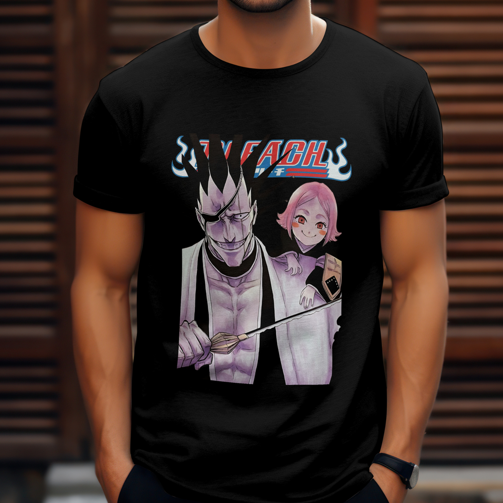 "Oversized unisex Bleach Kenpachi and Yachiru graphic tee for anime fans"