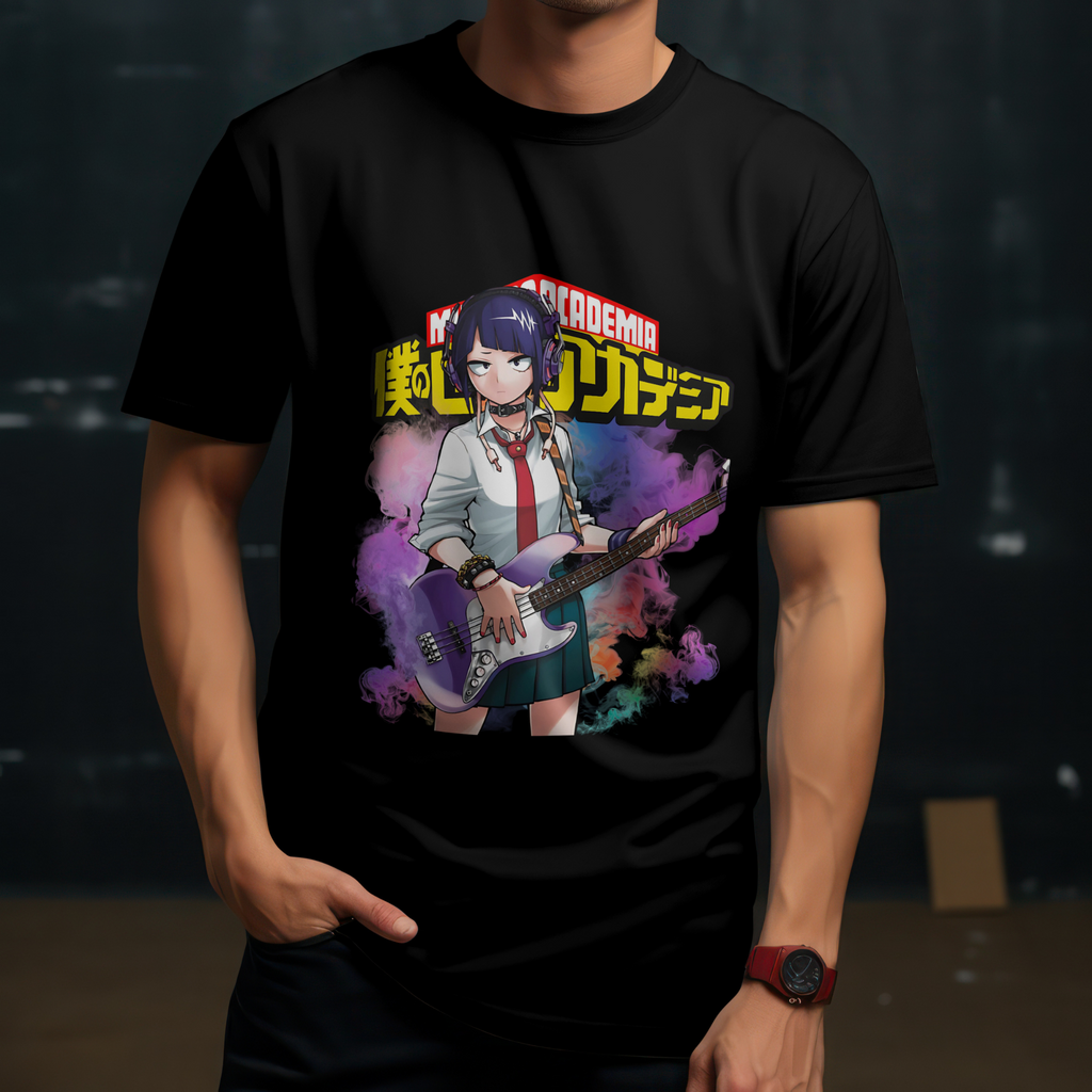 Unisex anime graphic tee with Kyouka Jirou from My Hero Academia holding electric guitar.
