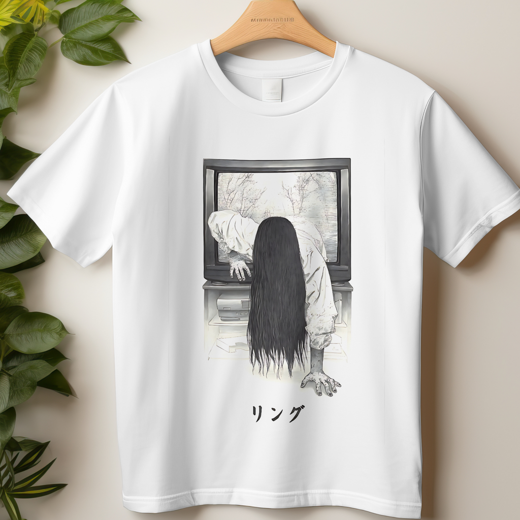 "Japanese horror graphic t-shirt inspired by Ringu – scary cult classic fashion"