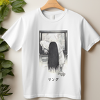 "Japanese horror graphic t-shirt inspired by Ringu – scary cult classic fashion"