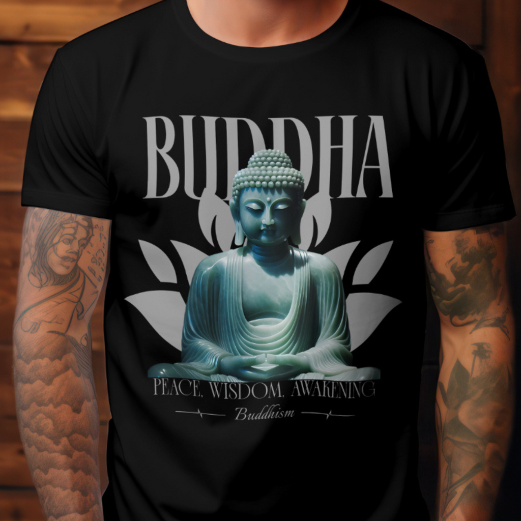 Close view of the Buddha's head and hands resting on the spiritual meditation T-shirt design.