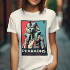 Pop Art Graphic Tee with vibrant blue and red background featuring an Egyptian Pharaoh.