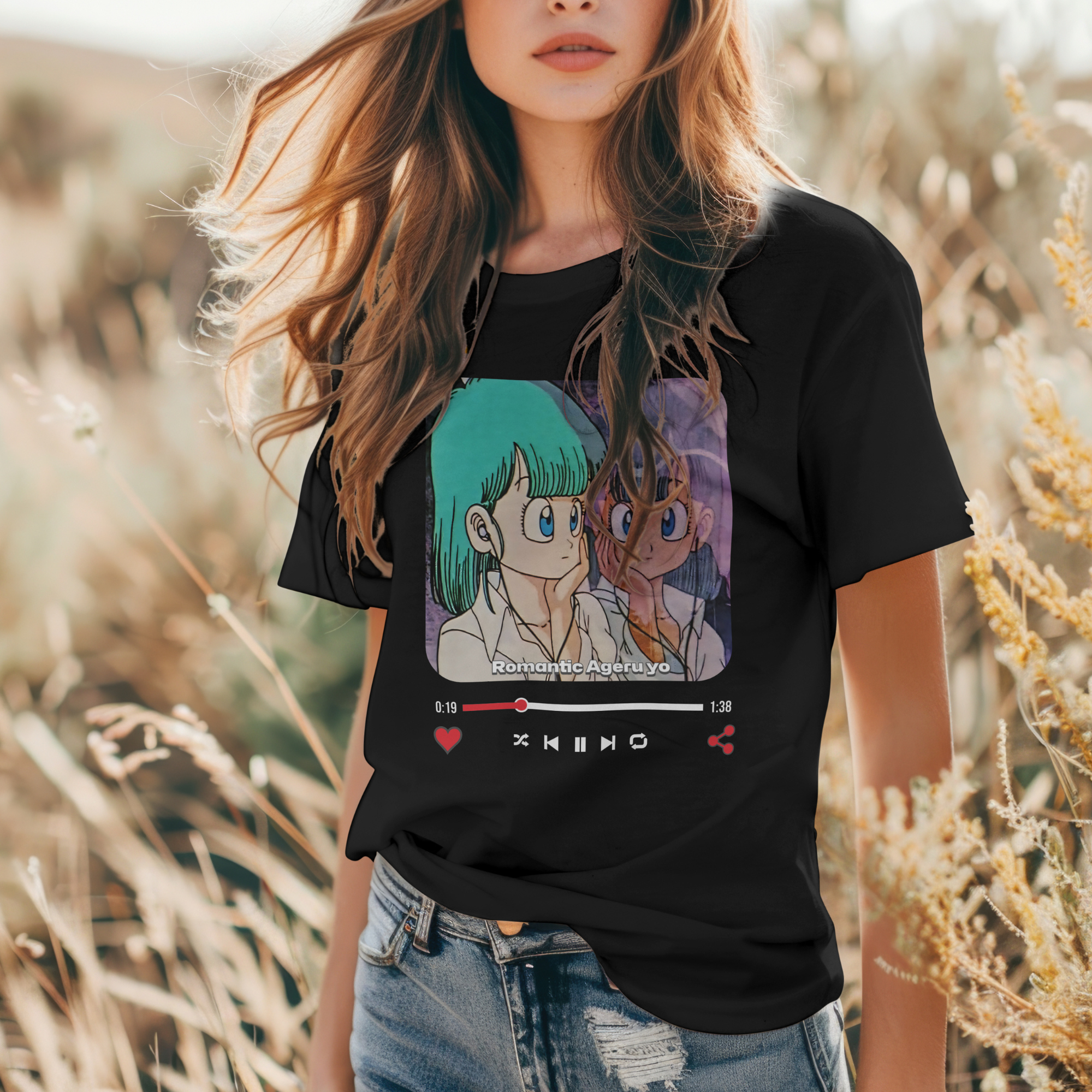 Japanese Nostalgia T-shirt with the Romantic Ageru yo song title and heart icon.