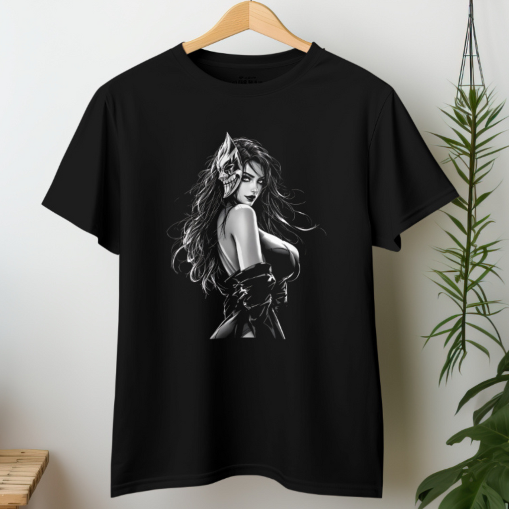 Dark Seduction Oni Mask T-Shirt featuring a gothic anime girl with flowing hair and half demon mask, perfect for dark aesthetic streetwear lovers.