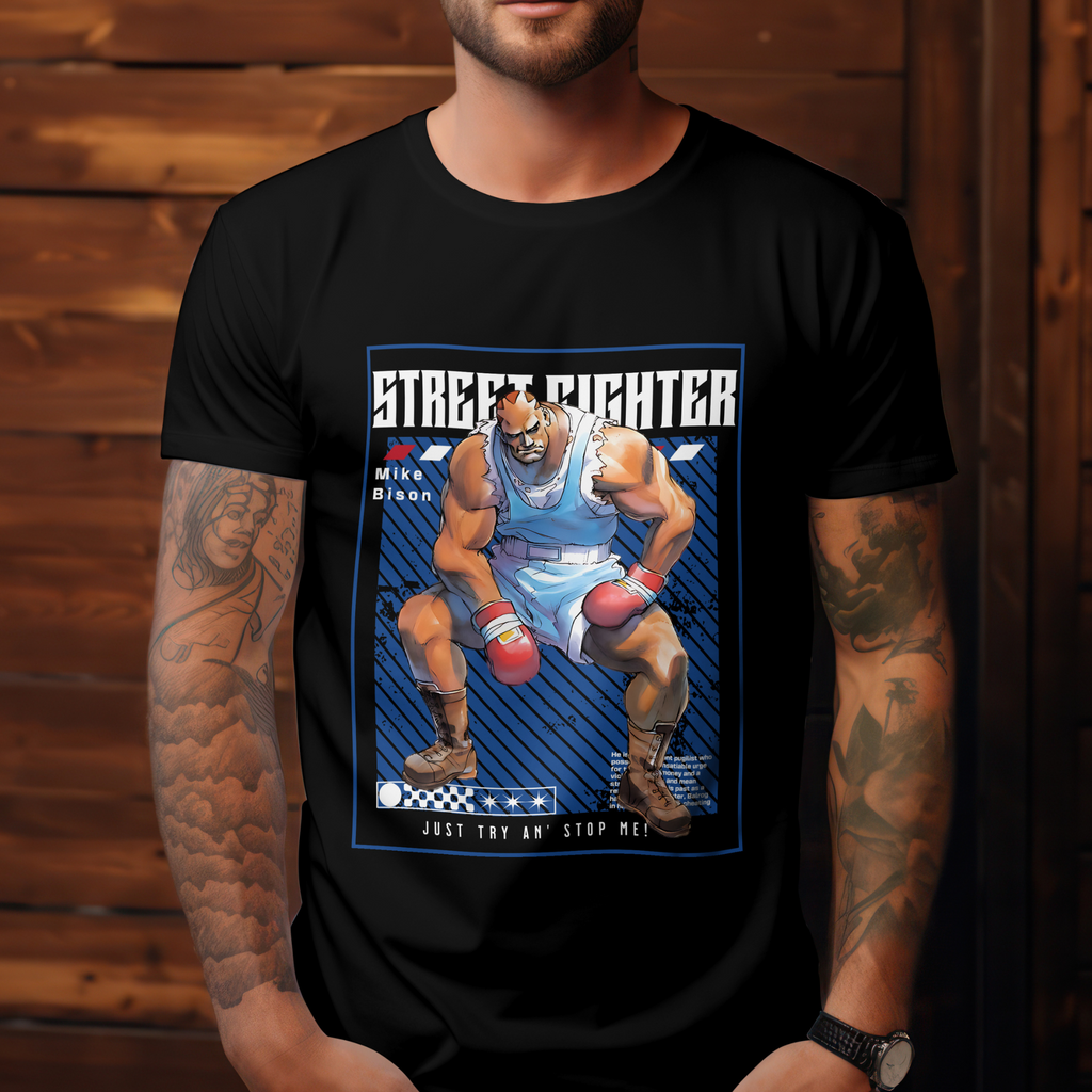 Retro gamer fashion T-shirt with Street Fighter character Mike Bison, bold and stylish design