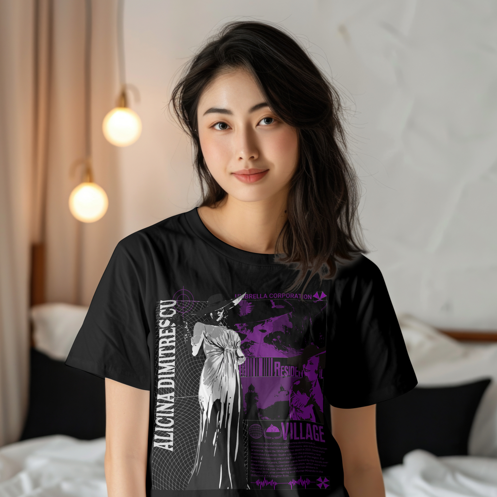 Bold vampire-themed Resident Evil T-Shirt featuring Lady Dimitrescu, perfect gift for gamers.