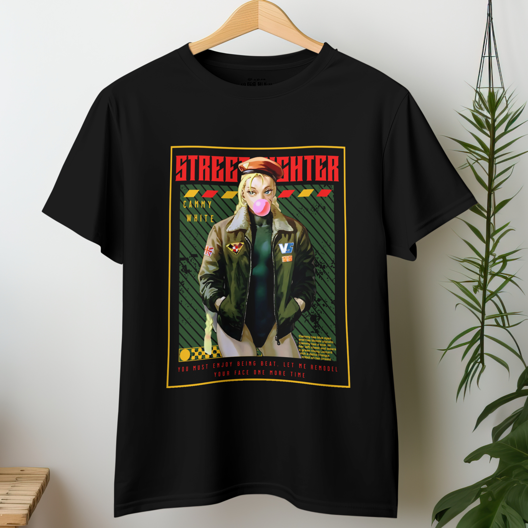 Black Street Fighter Cammy White T-Shirt featuring bold anime artwork, perfect for retro gaming fans and anime streetwear collectors.