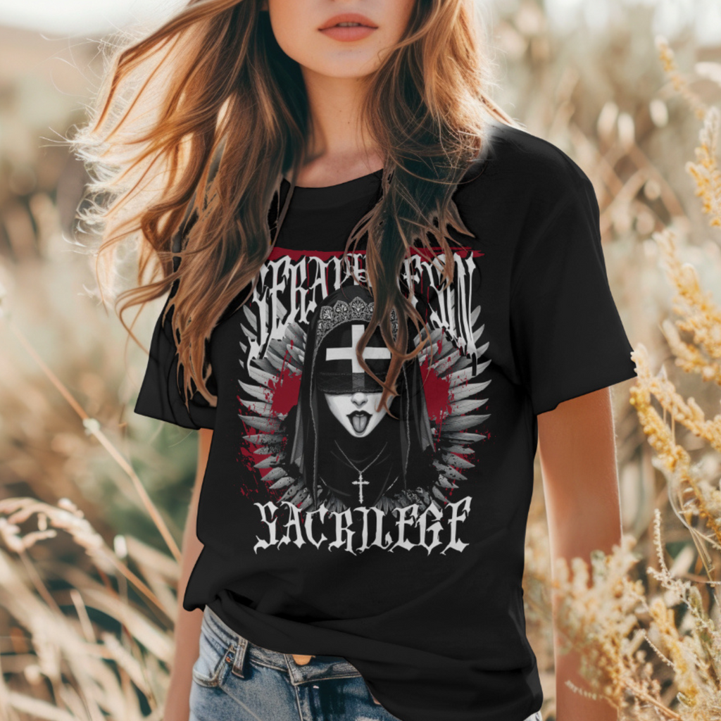 Occult Streetwear graphic tee featuring a nun with a blindfold cross and a Gothic script text.
