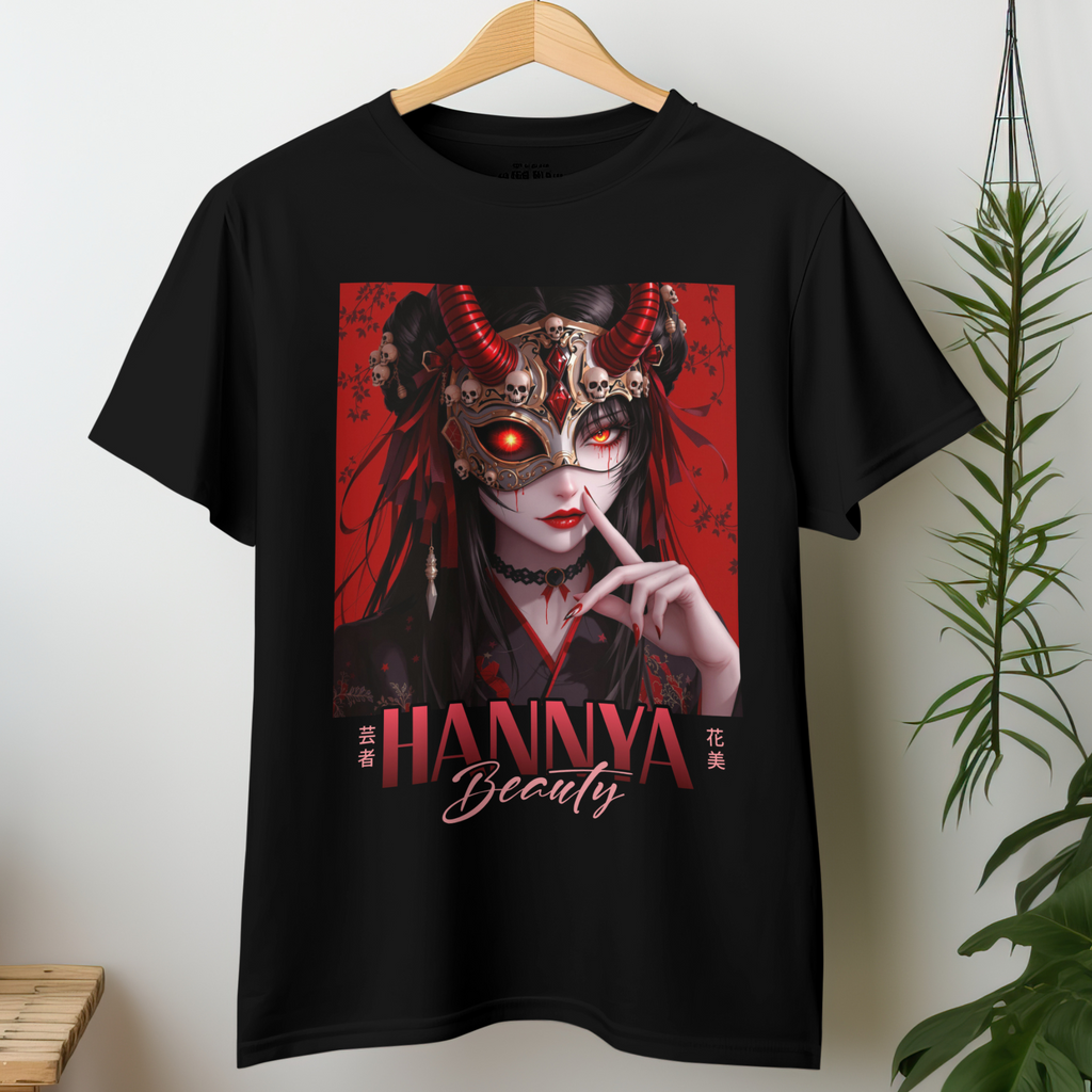 Hannya Beauty Japanese Demon Graphic Tee with red and black theme