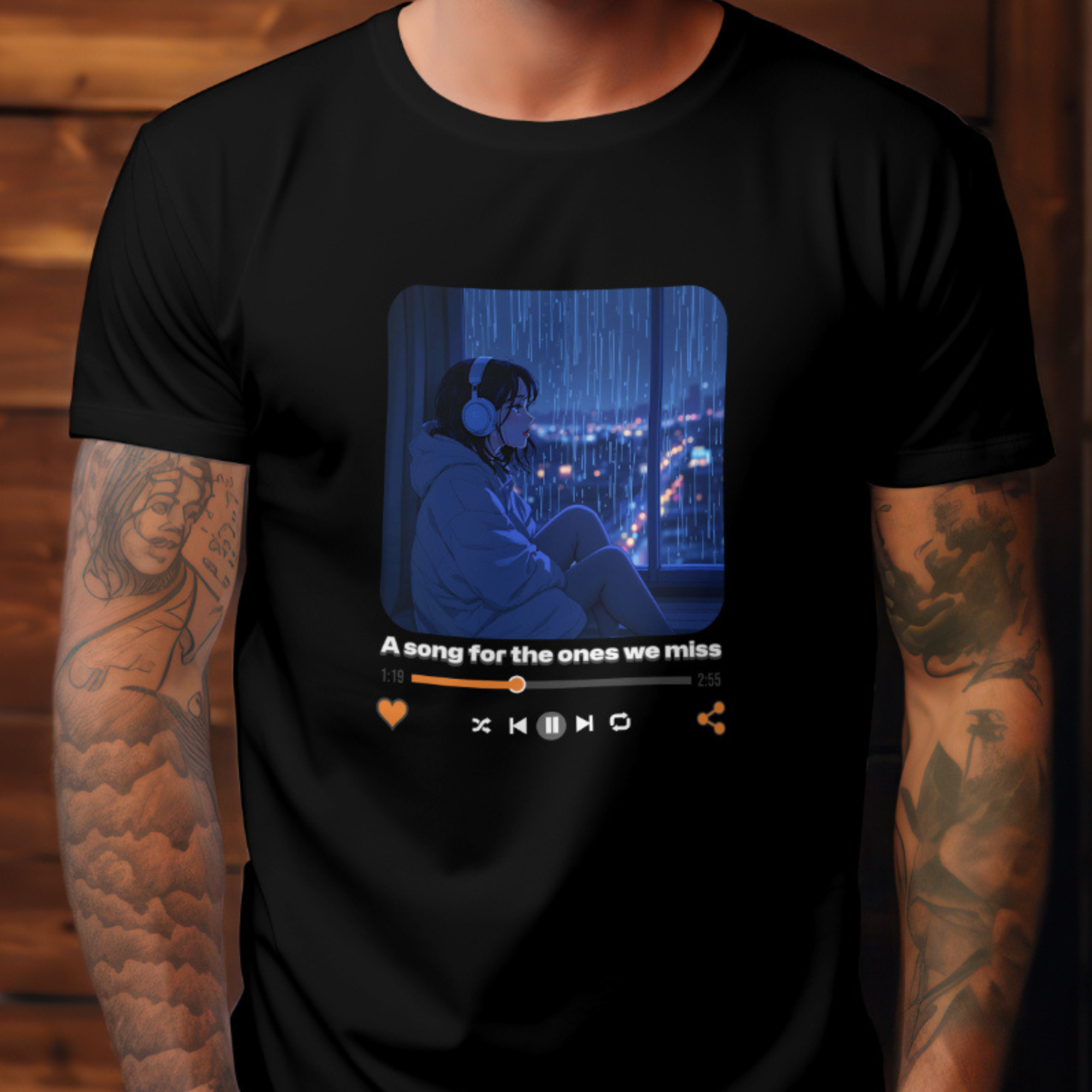 "Urban lo-fi anime graphic tee with moody rainy night scene, ideal gift for otaku and lo-fi aesthetic fans"