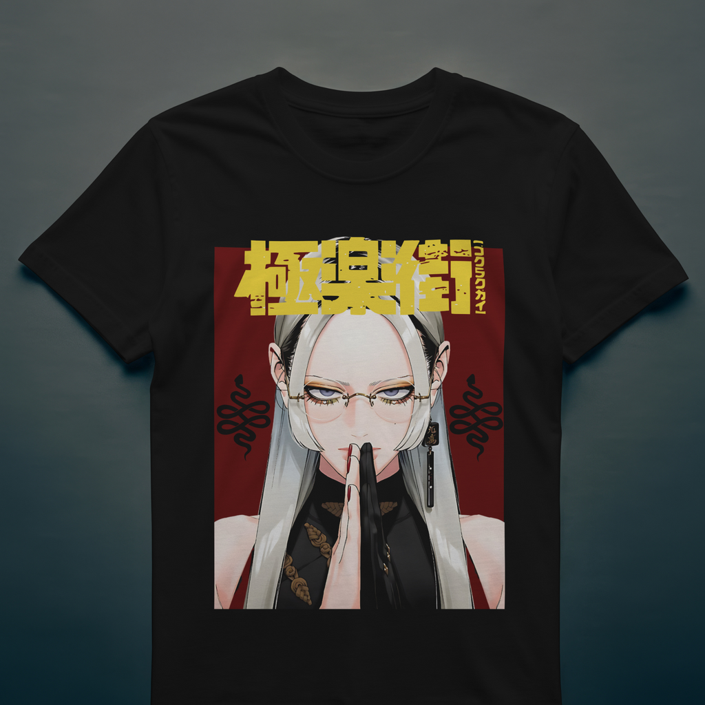 Japanese streetwear t-shirt with Tao Saotome anime print from Gokurakugai.