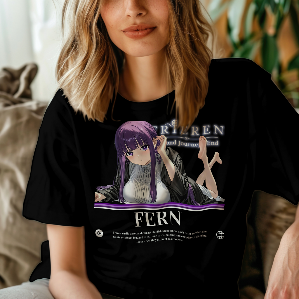 Fern stares calmly with her feet up behind her, embodying mystical energy and serenity in this detailed anime graphic tee.