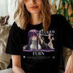 Fern stares calmly with her feet up behind her, embodying mystical energy and serenity in this detailed anime graphic tee.