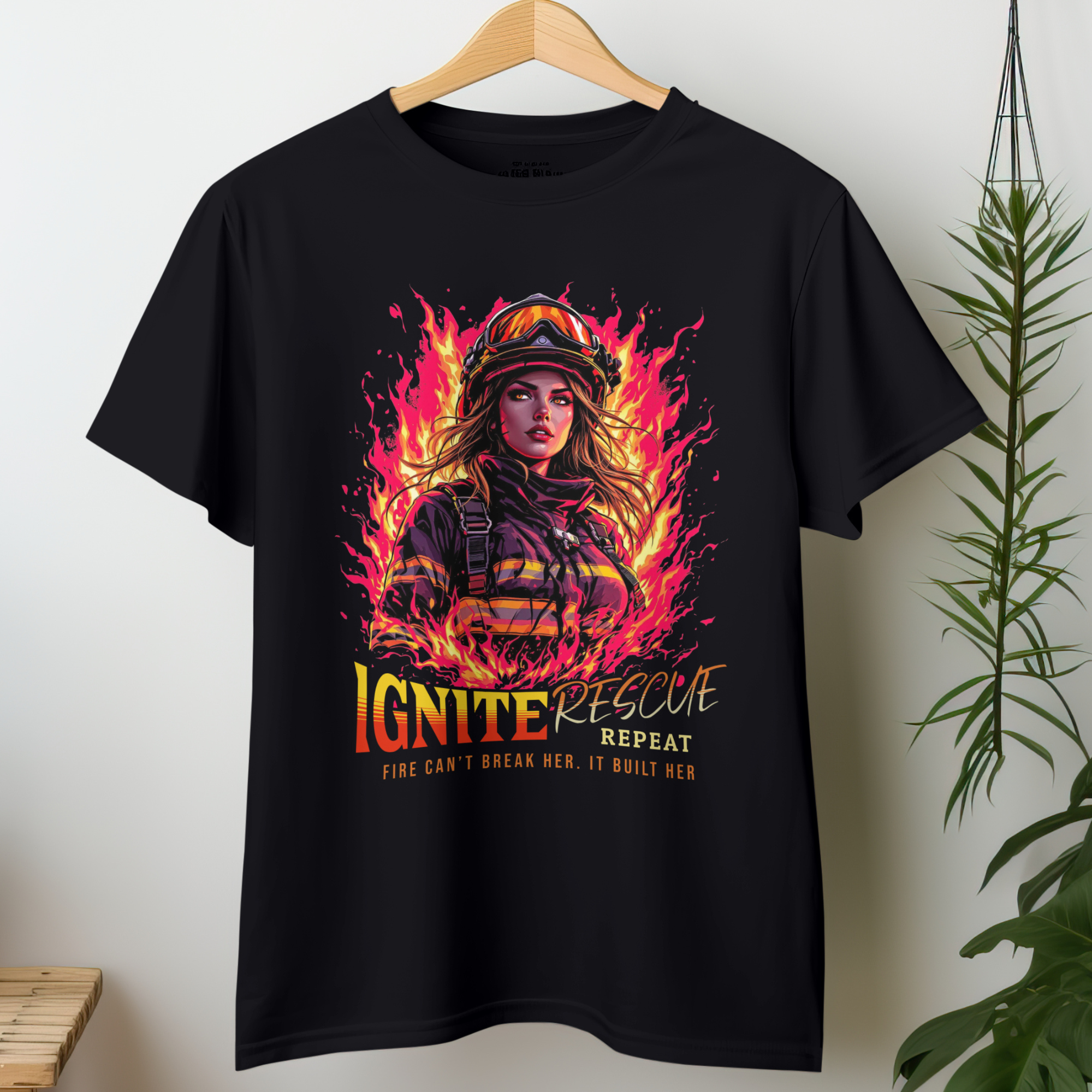 Firefighter graphic tee featuring strong female hero with flames design.