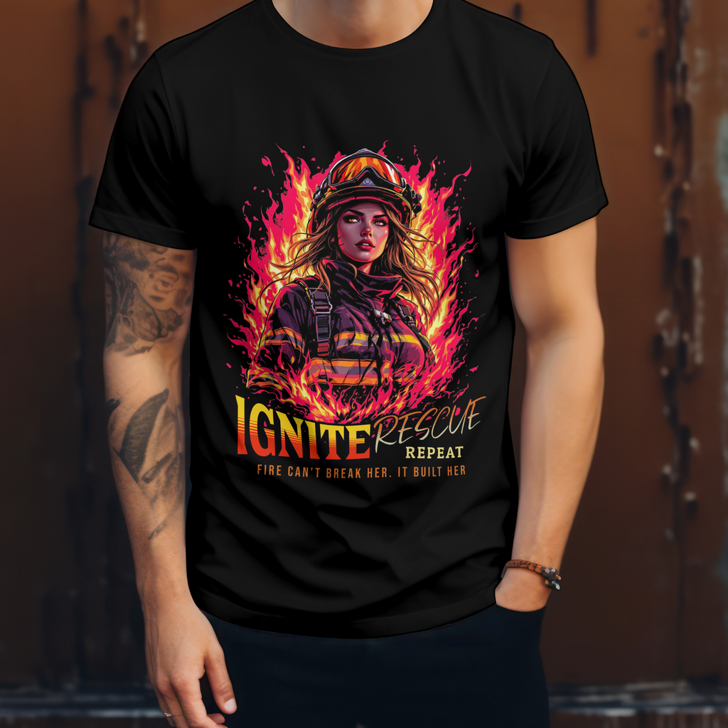 Stylish women’s firefighter shirt with ignite rescue and flame artwork.