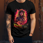 Stylish women’s firefighter shirt with ignite rescue and flame artwork.