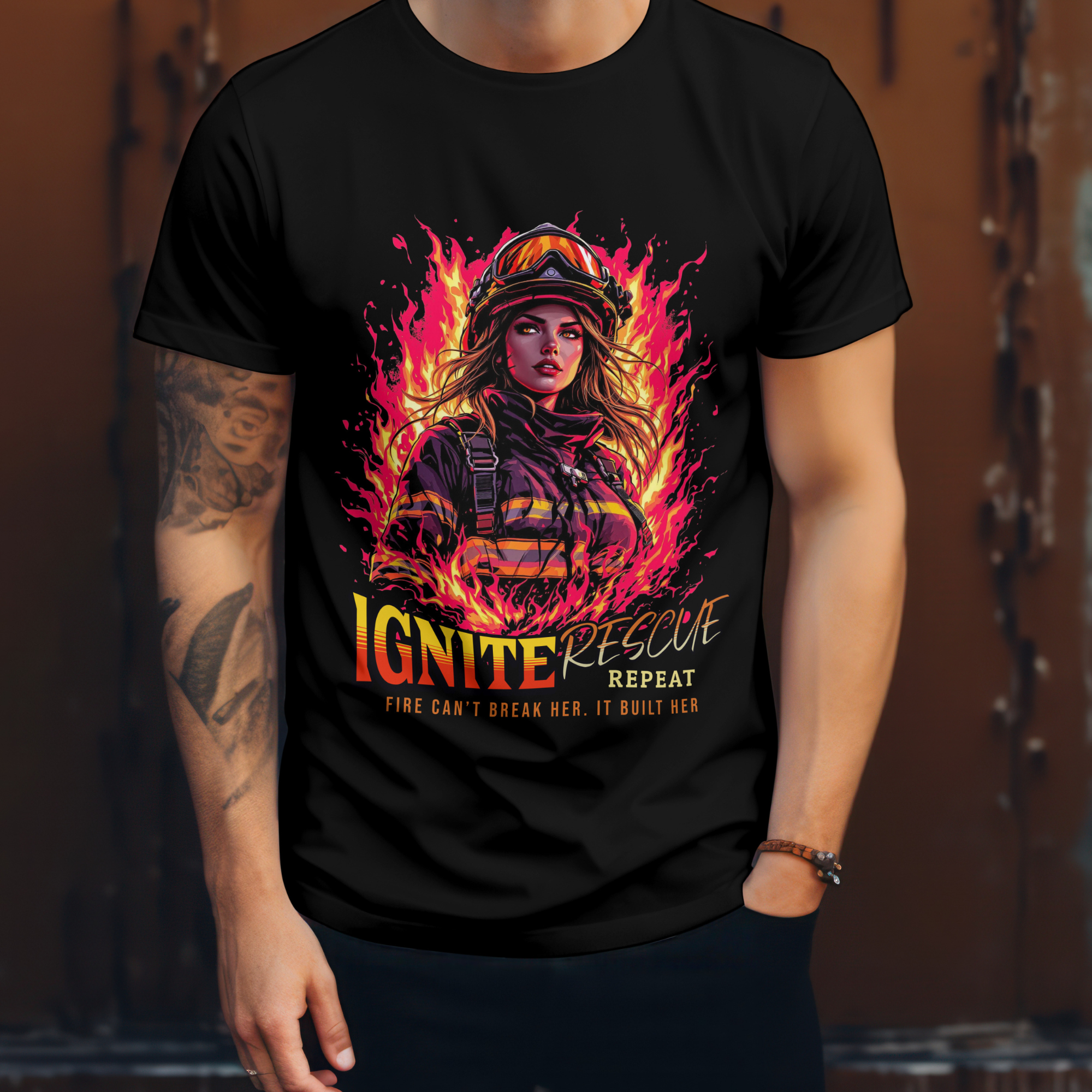 Stylish women’s firefighter shirt with ignite rescue and flame artwork.