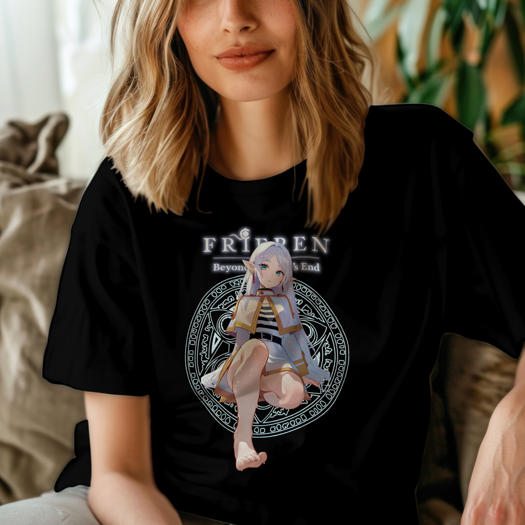 Black oversized tee featuring barefoot Frieren illustration with magic circle background