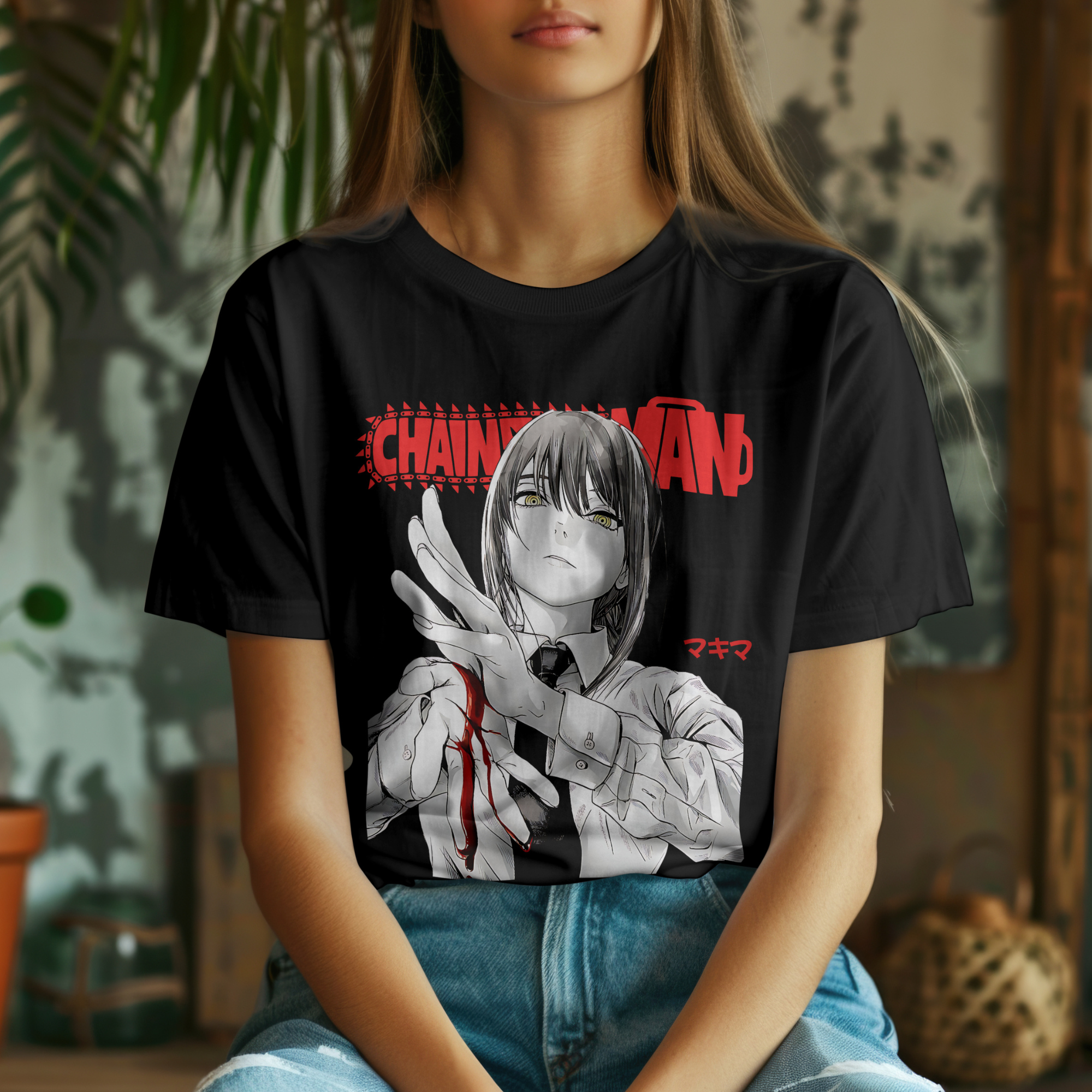Unisex manga graphic tee featuring Makima from Chainsaw Man, must-have anime merch.