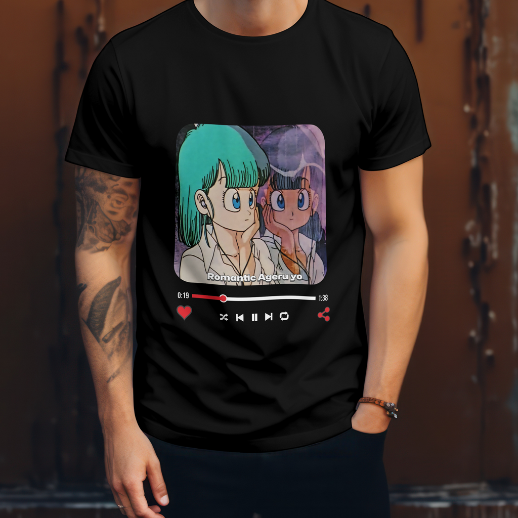 Anime Fan Gift shirt design with Bulma's dreamy expression and the playback timeline interface.