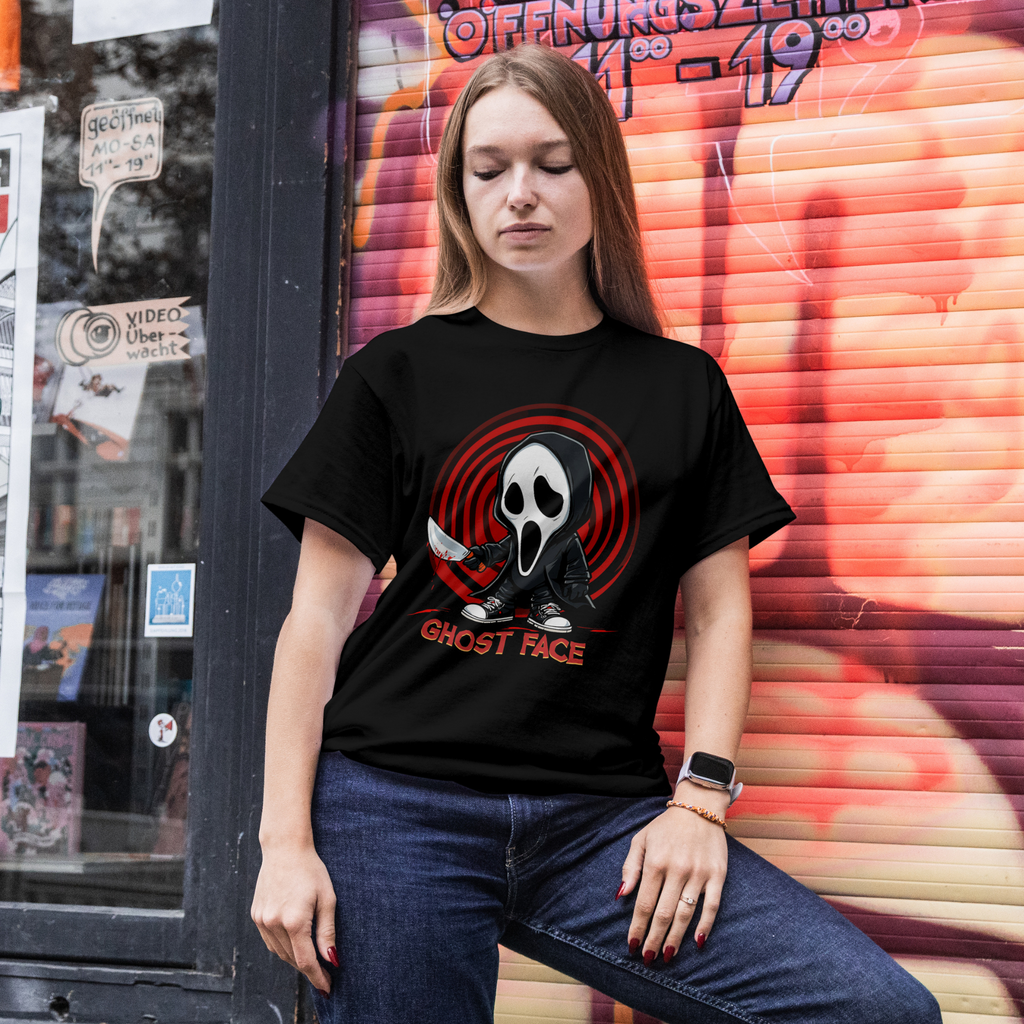 Comfort Colors 1717 horror graphic t-shirt with Ghost Face holding a knife, designed for Halloween fashion.