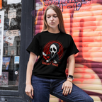 Comfort Colors 1717 horror graphic t-shirt with Ghost Face holding a knife, designed for Halloween fashion.