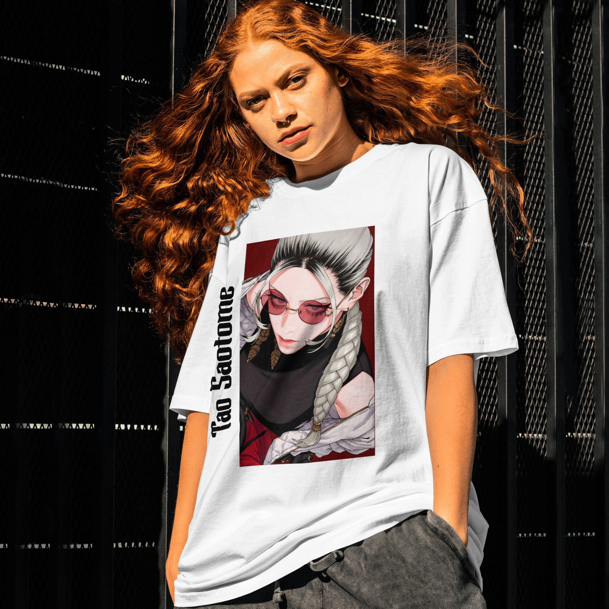 "White anime t-shirt with Tao Saotome illustration, perfect for otaku streetwear fashion"