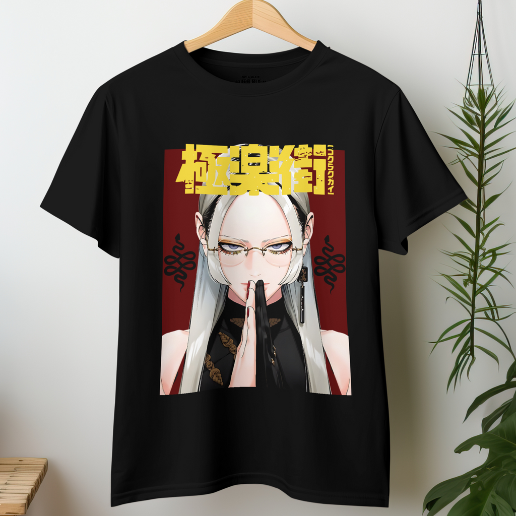 Black graphic t-shirt featuring Tao Saotome from Gokurakugai with bold anime art design.